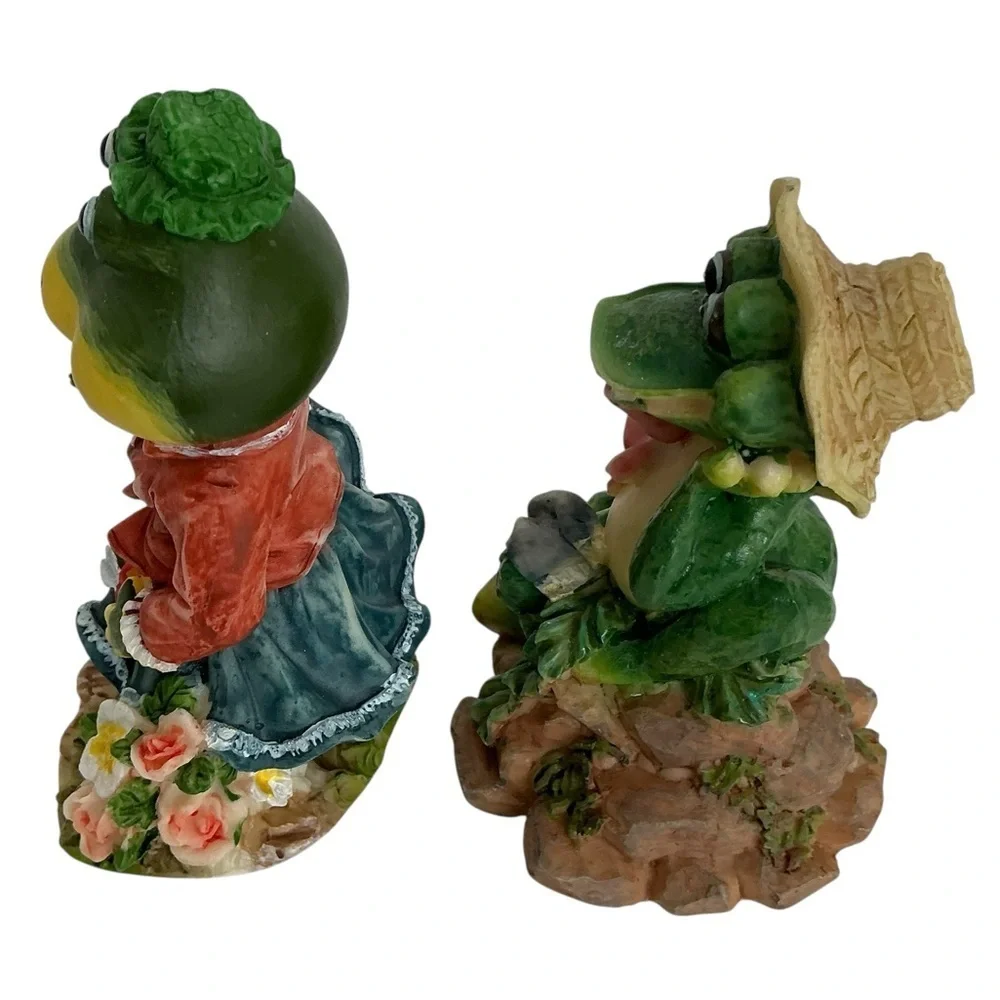 Vintage Frog Figurines Gardening Theme 4”-5” Intricate Carving 2 PC Collectible